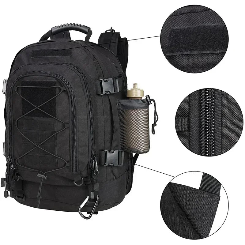 Tactical Backpack 60L Expandable Waterproof Hiking Travel Laptop Bag - Black