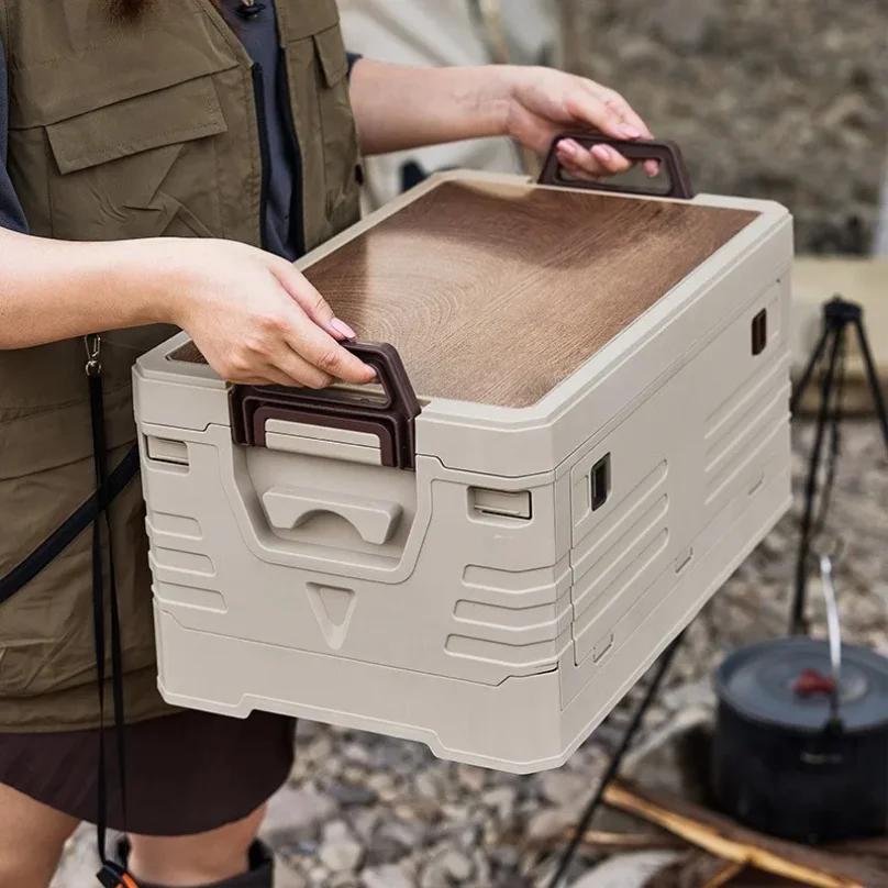 55L Foldable Camping Storage Box Portable Car Organizer with Wooden Lid and Carry Handles