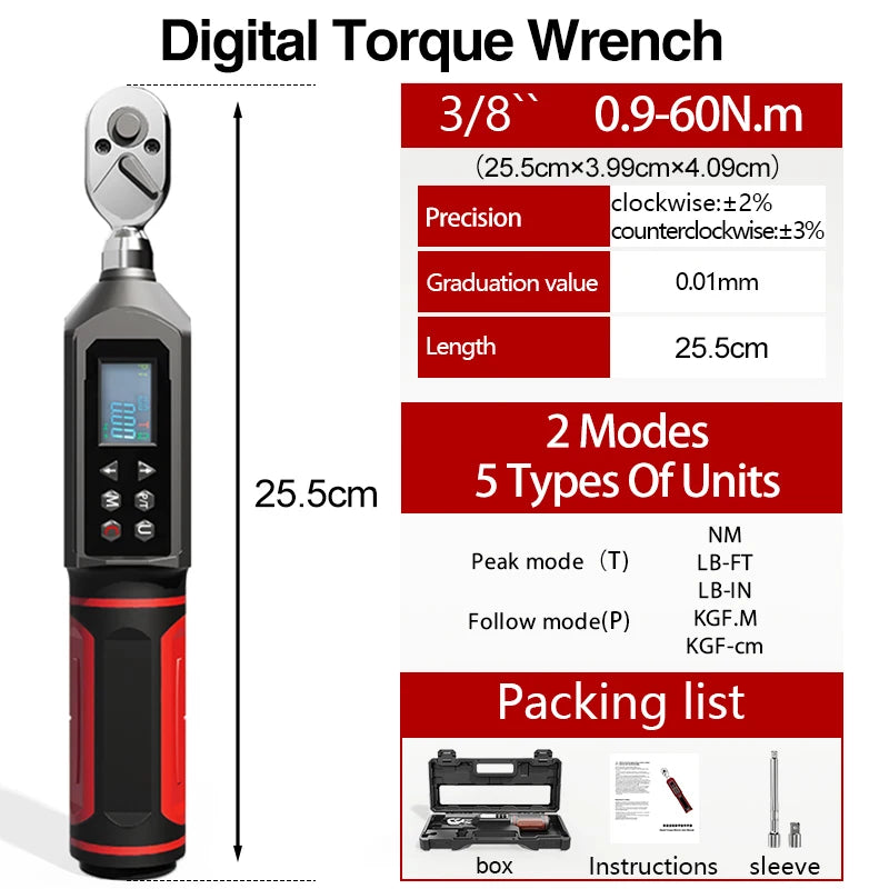 Torque Wrench Digital Adjustable Professional Repair Tool 0.45-30 Nm Bidirectional Ratchet Head