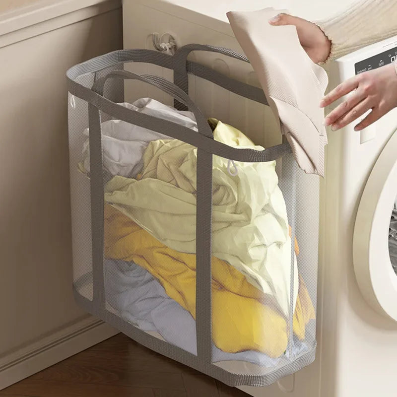 Foldable Mesh Laundry Basket Large Capacity Portable Clothes Hamper with Handles – Beige