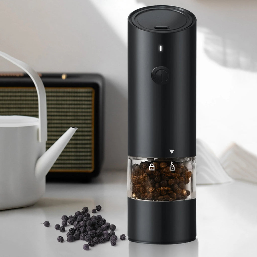 Electric Spice Mill 16.9 cm Rechargeable Adjustable Coarseness with Built-In Light - Black