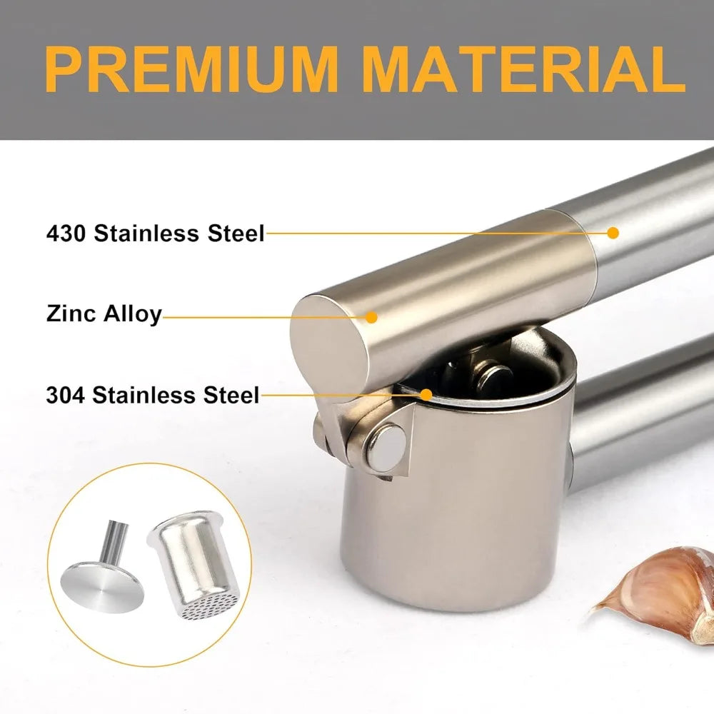 Garlic Press Set Manual Heavy Duty Stainless Steel Garlic Ginger Mincer Crusher Easy Clean Rust Resistant