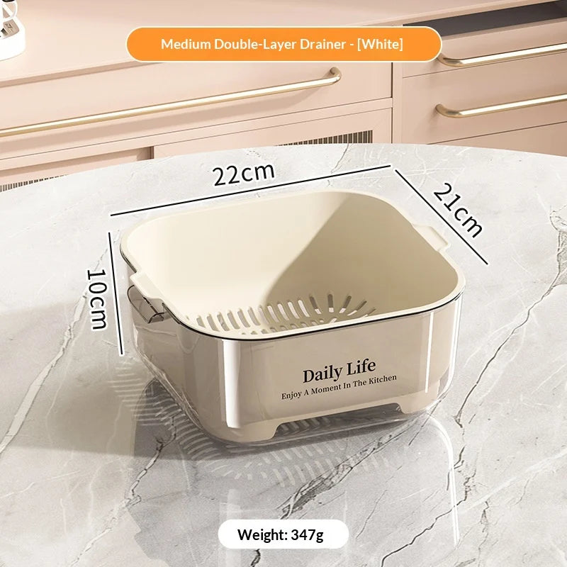 Double Layer Vegetable Wash Basin Colander Basket with Drainage Bowl – White