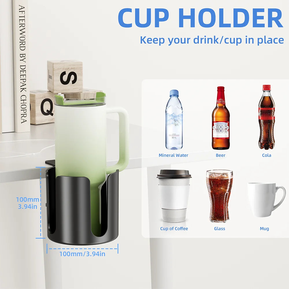 Clamp-On Desk Cup Holder No Drill Drink Cup Organizer for Coffee Mugs and Water Bottles – White