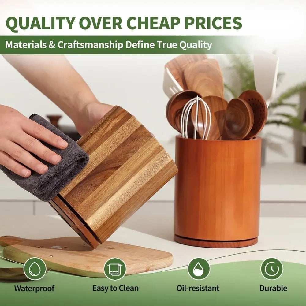 Utensil Holder 360° Rotating Wooden Kitchen Storage Rack Countertop Organiser - Brown