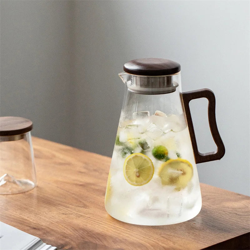 Glass Water Jug 2 L Heat Resistant Pitcher with Filter Lid for Fridge - Black