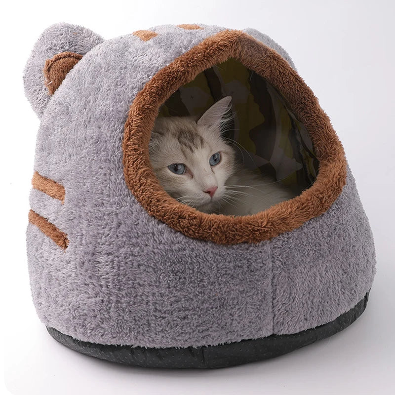 Pet Cave Bed Plush Bear Head Enclosed Indoor House with Removable Cushion - Brown
