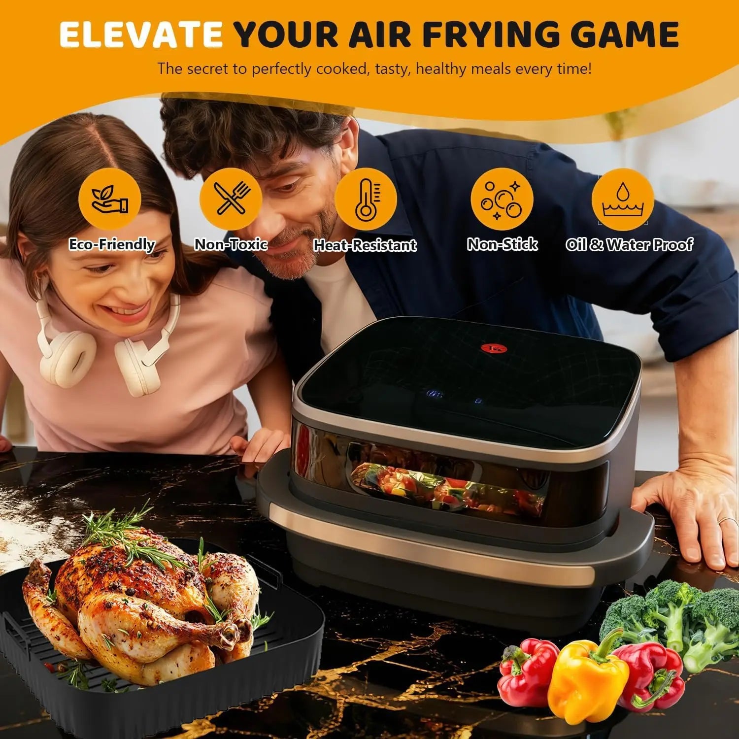 Reusable Non-Stick 26cm Air Fryer Silicone Liner Easy Clean Baking Tray for Easy Fry XL – Black