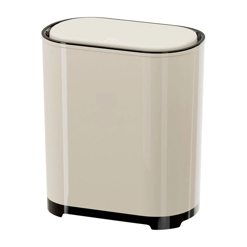 Press Lid Trash Can Narrow Design with Cover for Bathroom Kitchen and Living Room Beige