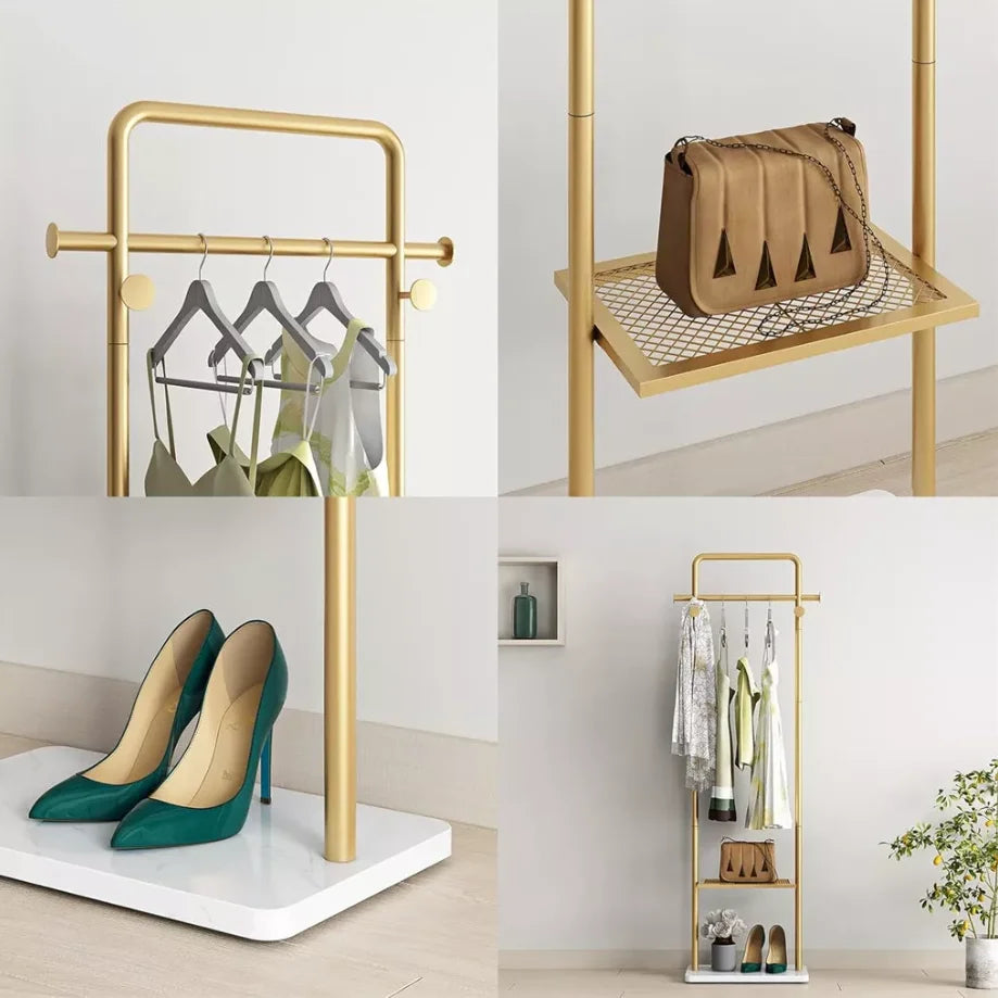 Coat Rack Stand 175cm Metal Corner Hall Tree with Marble Base 4 Hooks 2 Tier Shelf - Gold