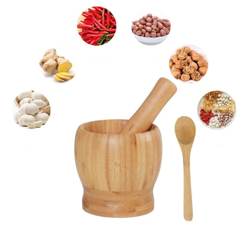 Mortar and Pestle 6.5cm Bamboo Herb Spice Mill Garlic Masher Kitchen Preparation Tool