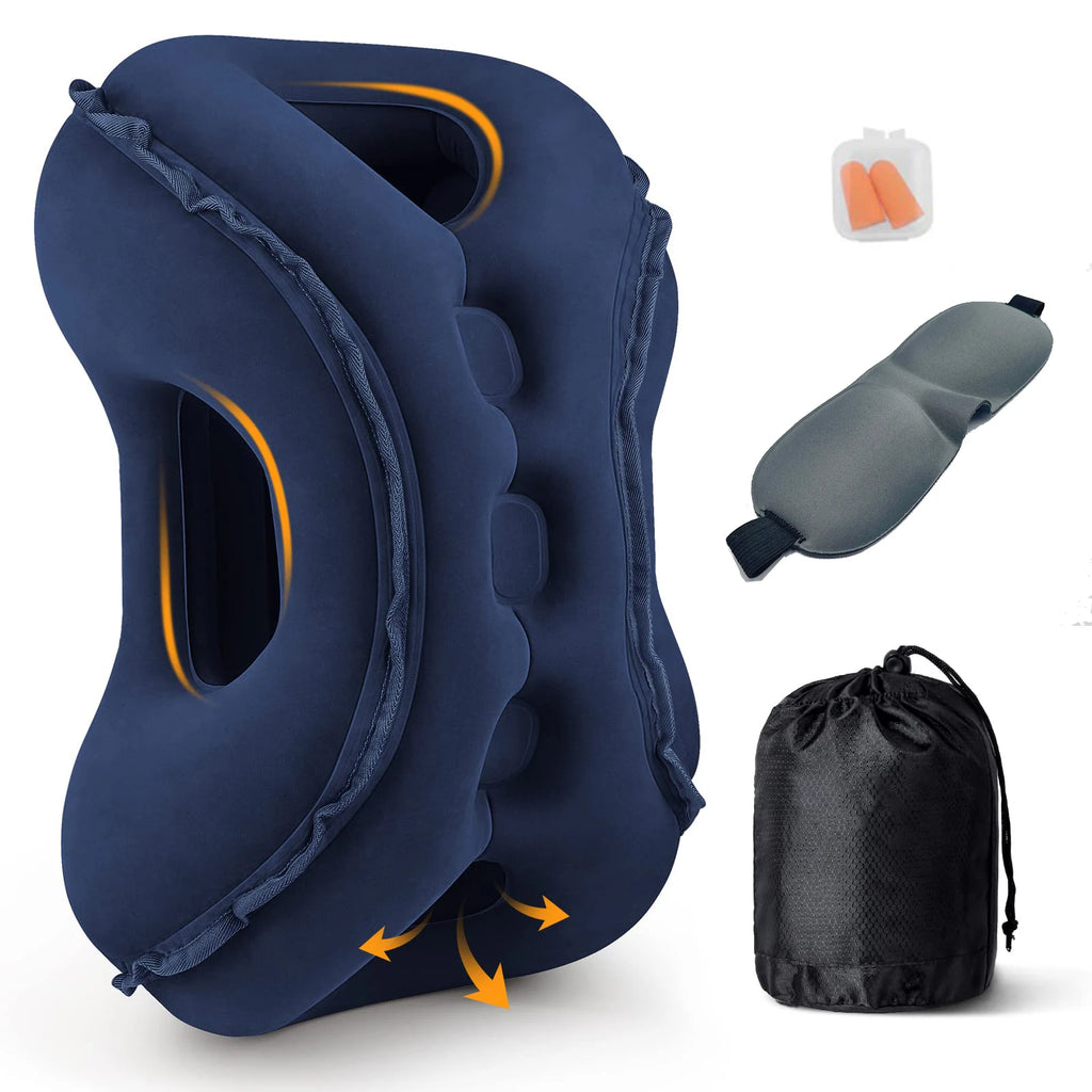 Inflatable Travel Neck Pillow Ergonomic Airplane Head and Neck Support Cushion – Blue