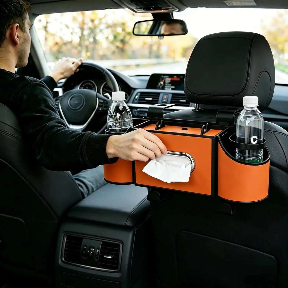 Backseat Car Organiser 4 in 1 Storage with Cup Holders Tissue Holder Phone Tray - Black