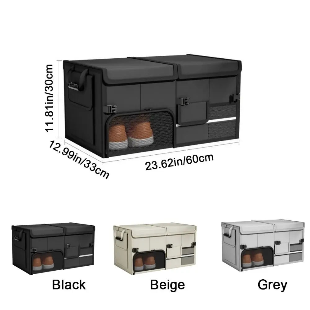 Foldable 60L Car Trunk Storage Box Waterproof Large Capacity Organizer with Shoe Compartment - Grey