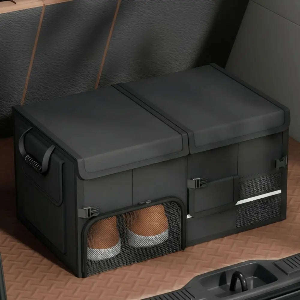 Foldable 60L Car Trunk Storage Box Waterproof Large Capacity Organizer with Shoe Compartment - Grey