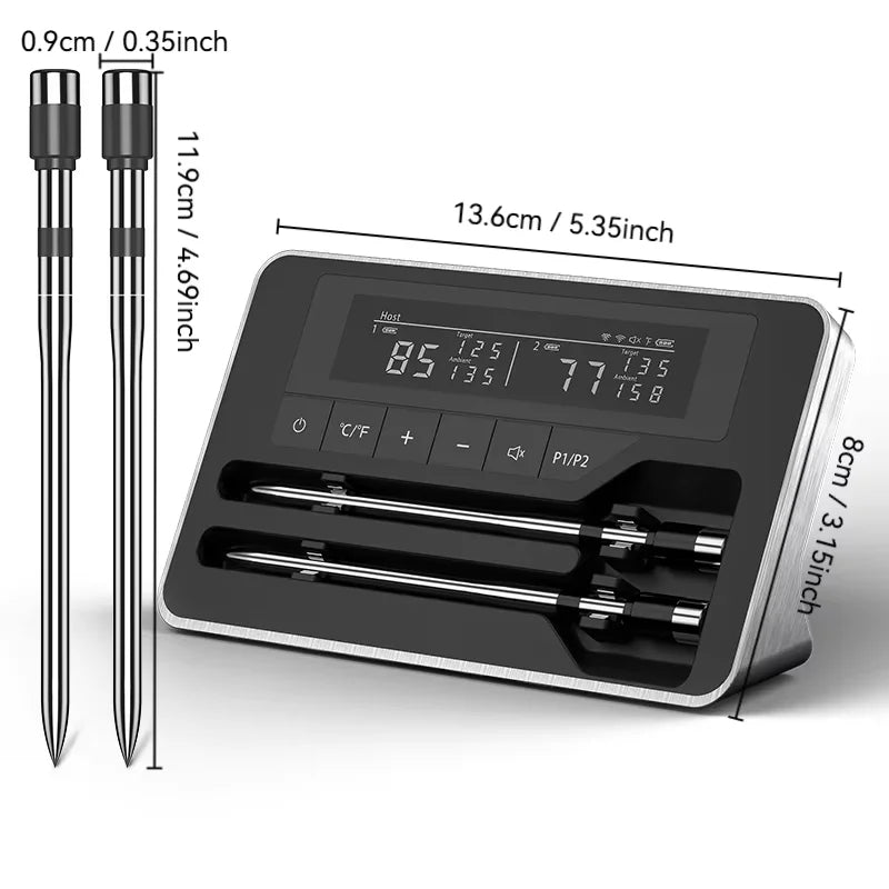Bluetooth Meat Thermometer 2 Probe Wireless LCD Temperature Monitor for BBQ Grill Oven Cooking
