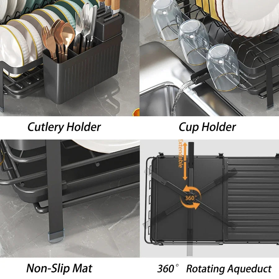 Portable Expandable Dish Drainer Rack with Drainboard Metal Kitchen Counter Organizer - White