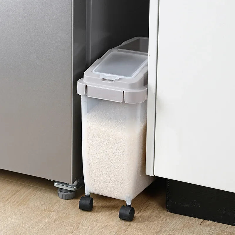 Rice Storage Container 10kg Airtight Kitchen Grain Bin with Wheels – Coffee