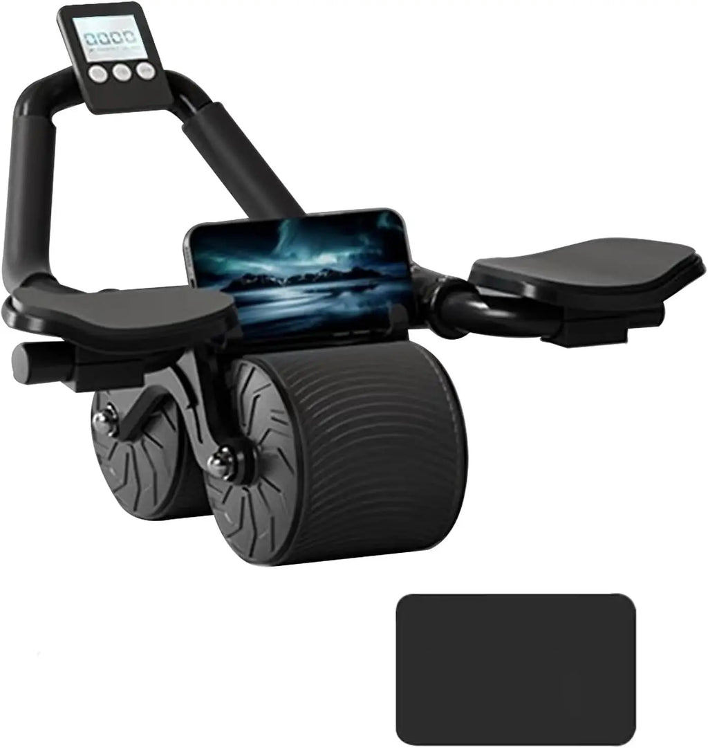 Abdominal Roller Wheel Automatic Rebound Double Wheel Core Trainer with Counter Display - Black