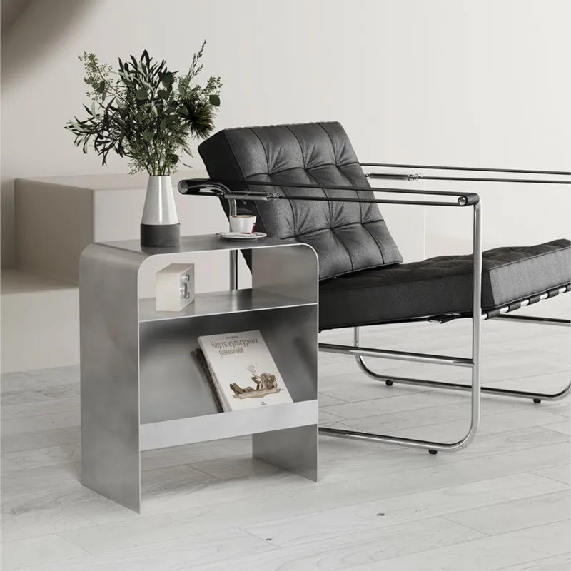 Side Table Iron Frame Built In Storage Rack Compact Bedside Table – Black