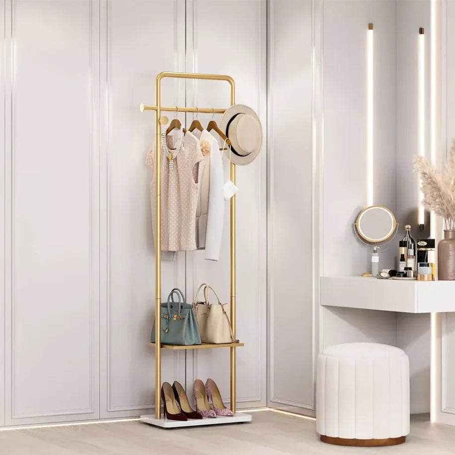 Coat Rack Stand 175cm Metal Corner Hall Tree with Marble Base 4 Hooks 2 Tier Shelf - Gold