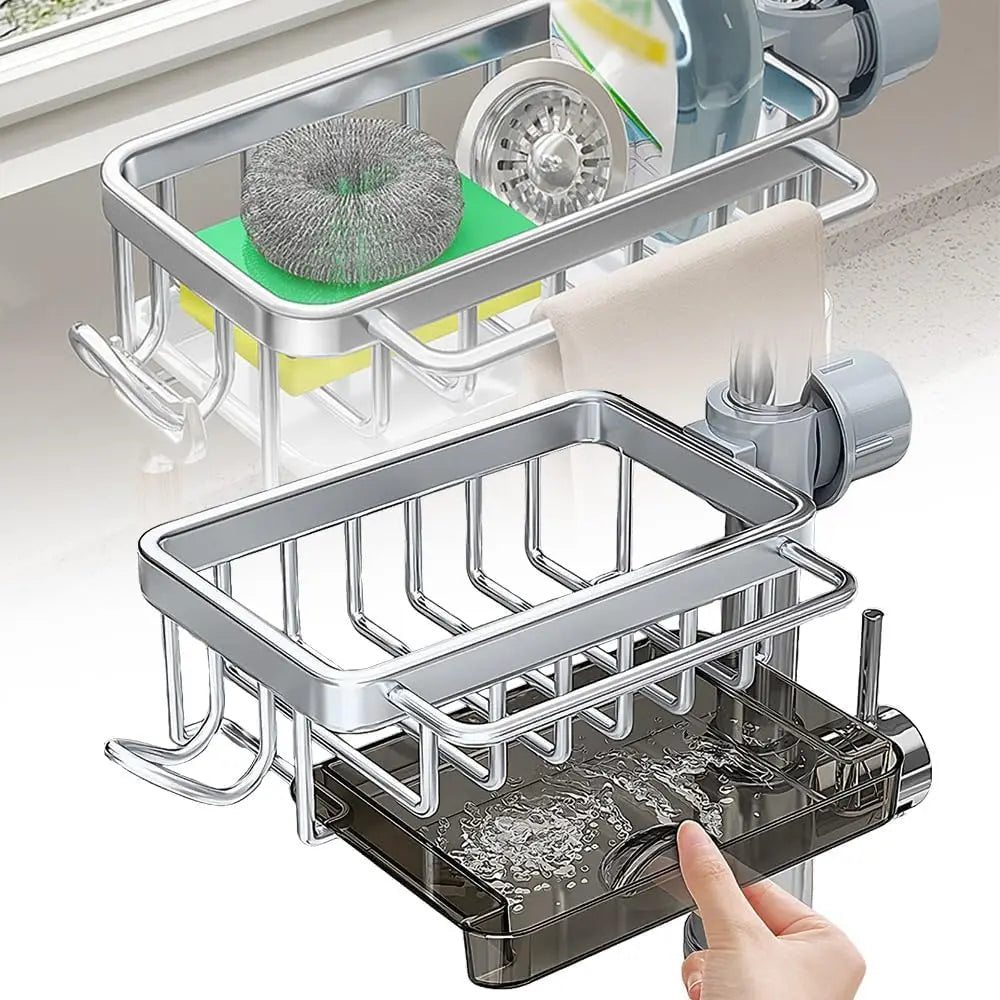Kitchen Sink Faucet Organizer 3-in-1 Sponge Holder Storage Rack with Drain Tray and Towel Bar – Silver