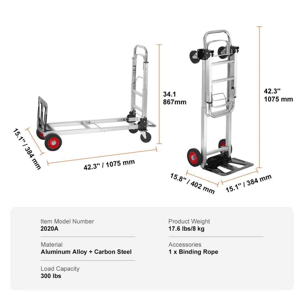 Folding Hand Truck Convertible 2 In 1 Utility Dolly Cart 181kg Capacity – Silver