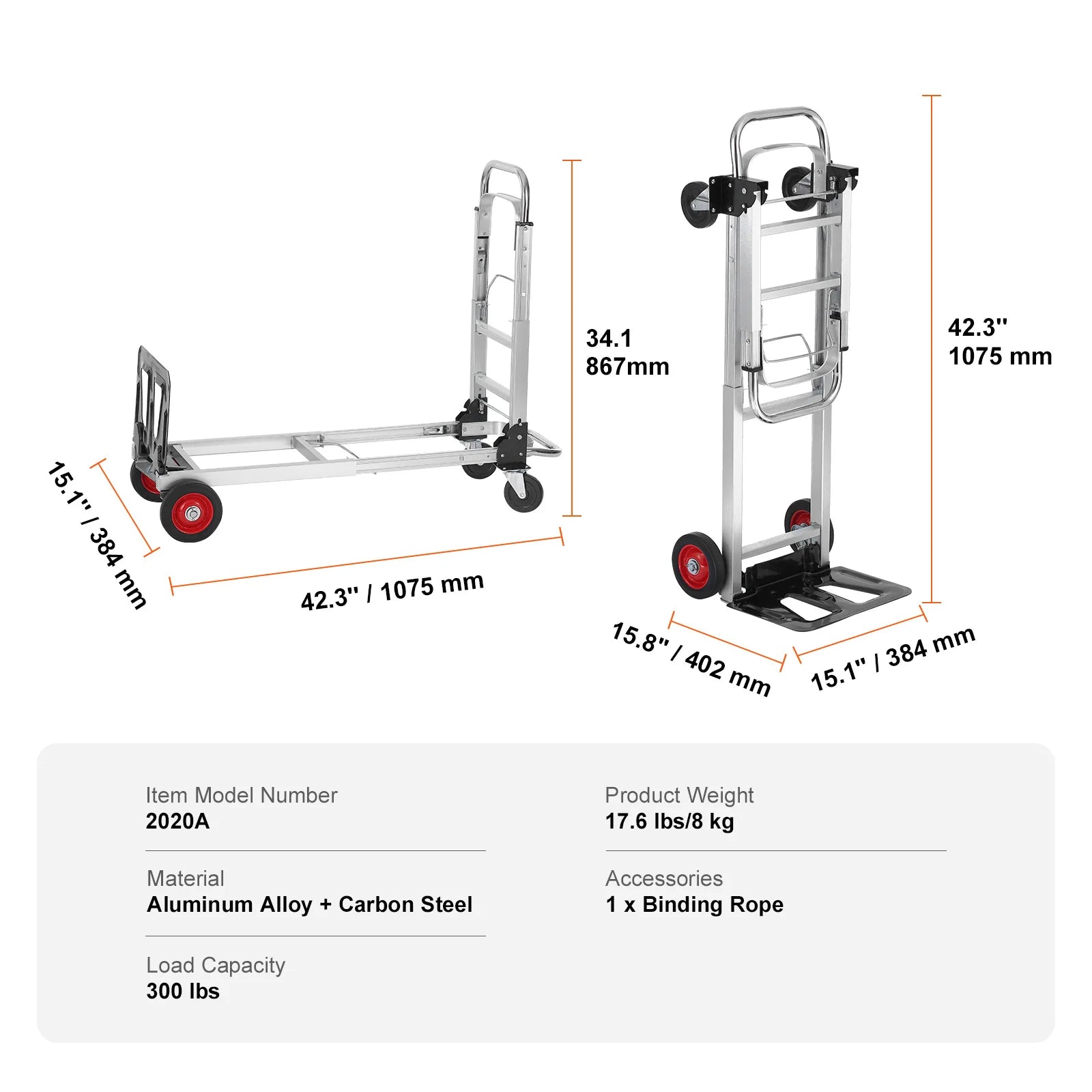 Folding Hand Truck Convertible 2 In 1 Utility Dolly Cart 181kg Capacity – Silver