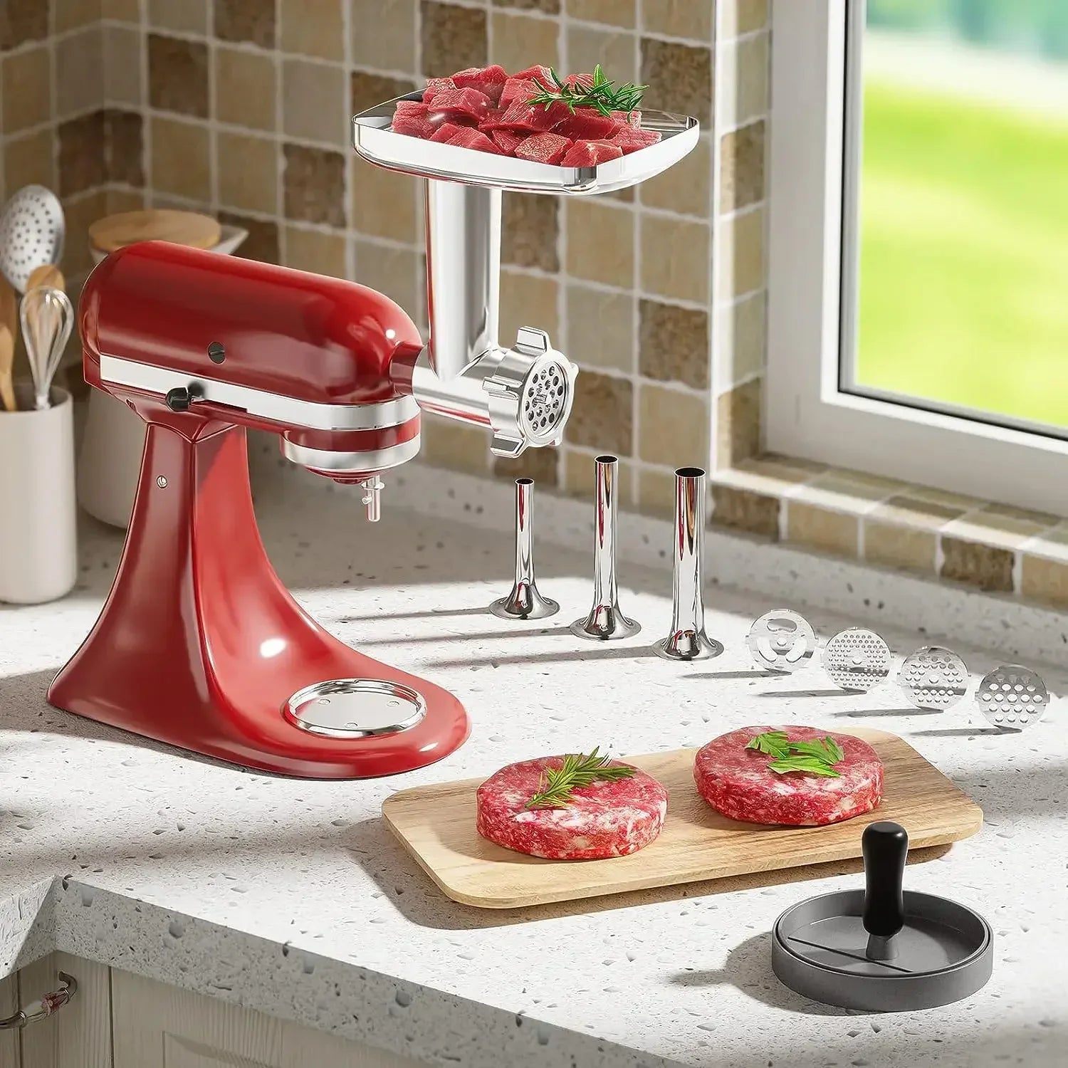 Metal Meat Grinder Attachment with Sausage Stuffer for Stand Mixer 2nd Gen 7-Piece Set