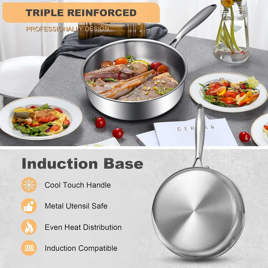Frying Pan 20 cm 316 Stainless Steel Ceramic Coated Deep Pan Induction - Silver