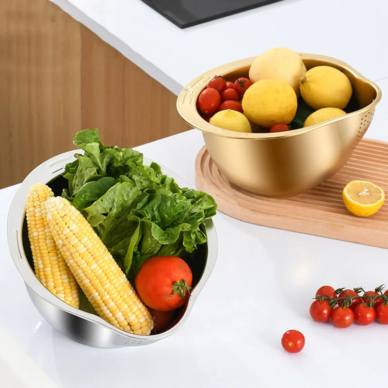 Rice Washer Strainer Bowl 304 Stainless Steel Washing Basin for Rice Fruits Vegetables and Grains – Silver