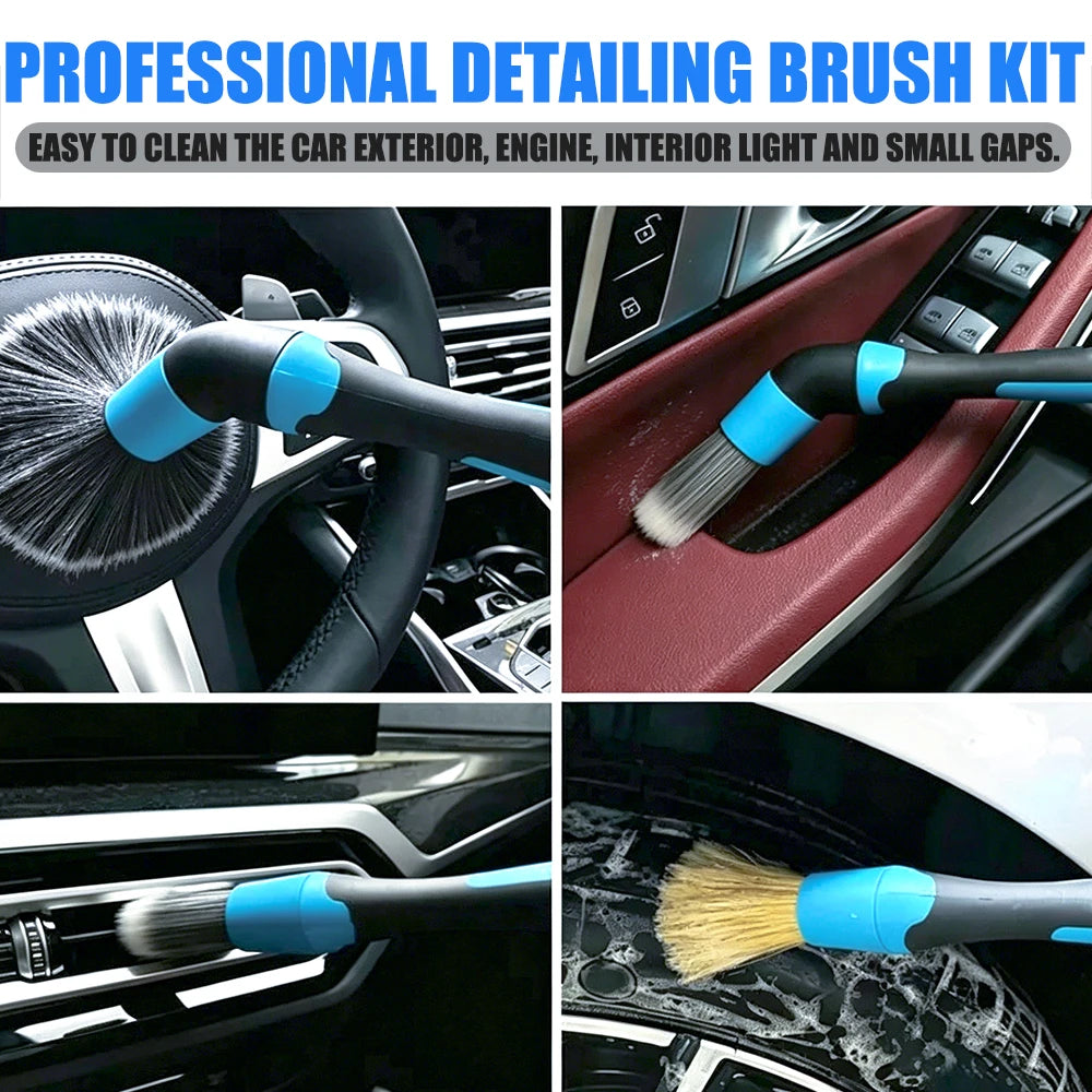 Car Detailing Brush Set 3 Piece Interchangeable Bristle Cleaning Kit Angled Handle Dashboard Care