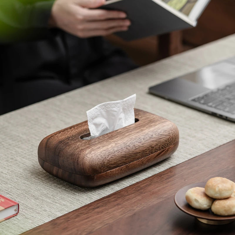 Solid Wood Tissue Box Cover Walnut Finish Desktop Tissue Holder for Home Office and Bathroom – Walnut