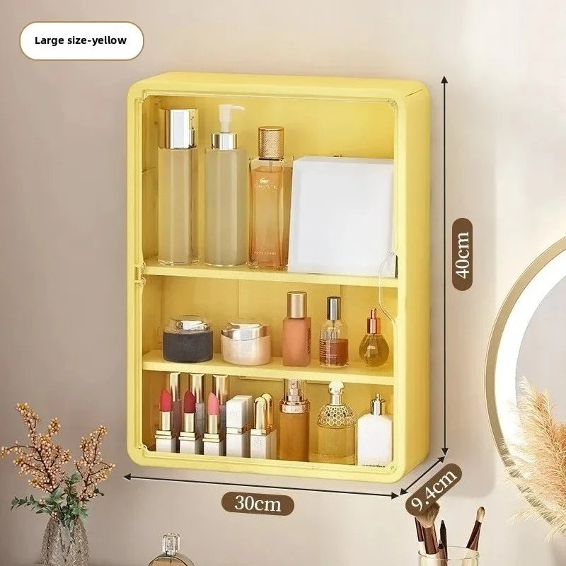 Multi Layer Wall Mounted Bathroom Organizer Cabinet No Drill Cosmetic Storage Display Shelf with Removable Shelves – Yellow