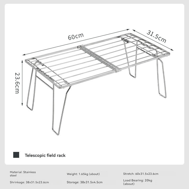 Camping Storage Rack Folding Stainless Steel Telescopic Field Shelf – Silver