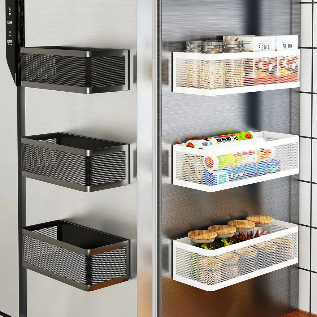 Refrigerator Storage Rack Metal Hanging Basket No Drill Kitchen Organiser - White