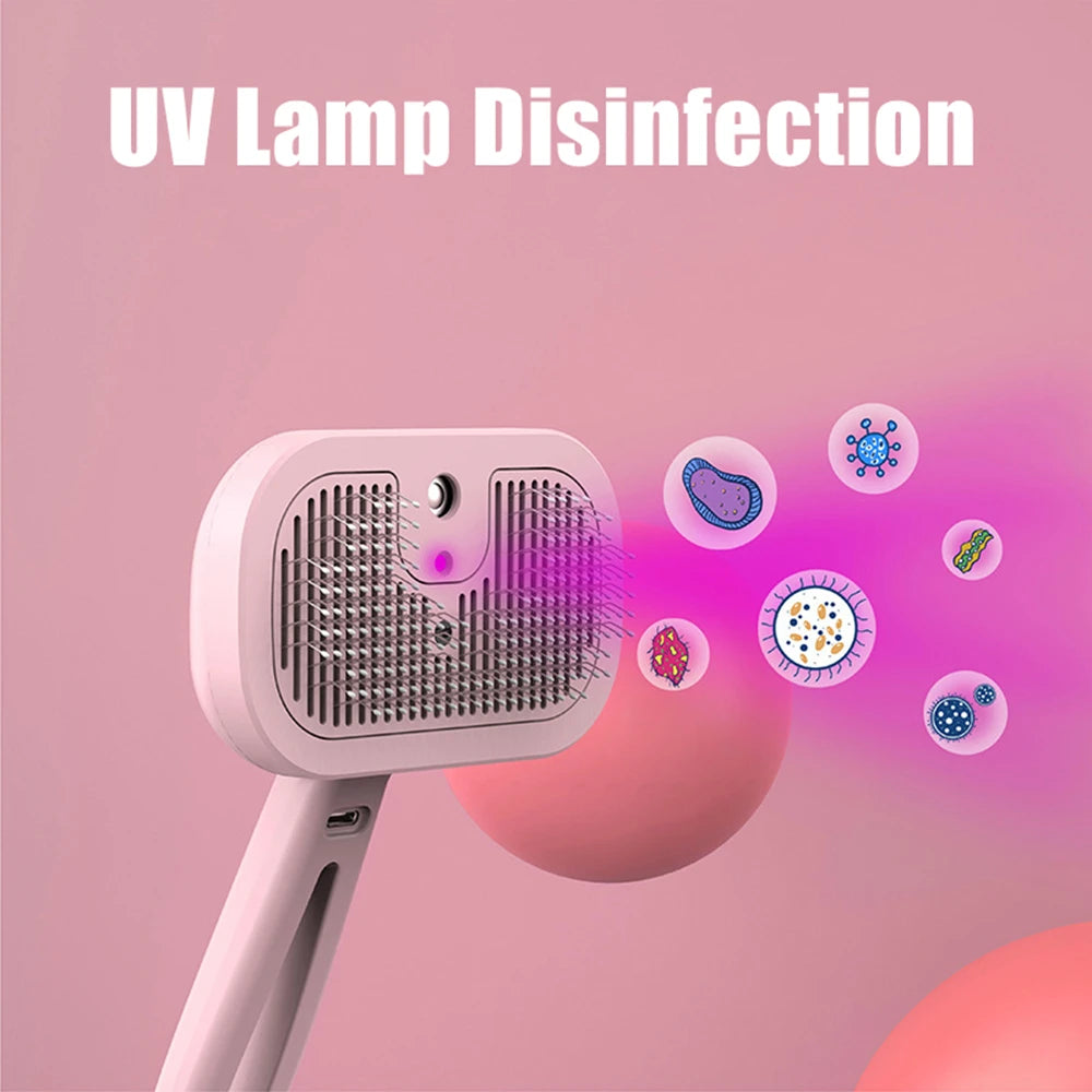 Pet Mist Brush Rechargeable Self-Cleaning Grooming Comb Dogs and Cats - Pink