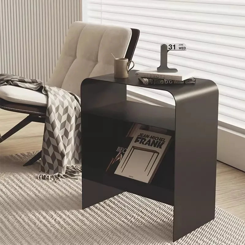 Side Table Iron Frame Built In Storage Rack Compact Bedside Table – Black