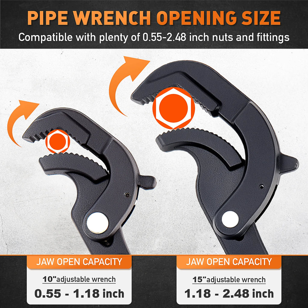 Pipe Wrench Heavy Duty Self-Adjusting Carbon Steel Plumbing Tool Set 10 Inch and 15 Inch 30-63 mm Jaw Opening