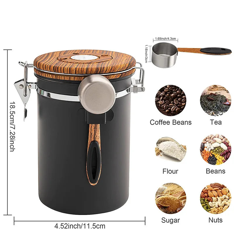 Coffee Storage Canister 1.8L Stainless Steel Airtight Container with Modern Design for Kitchen - Black