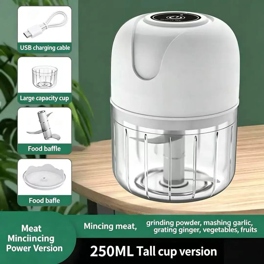 Electric Garlic Chopper 250ml 23W USB Rechargeable Mini Food Processor with Stainless Steel Blade - White