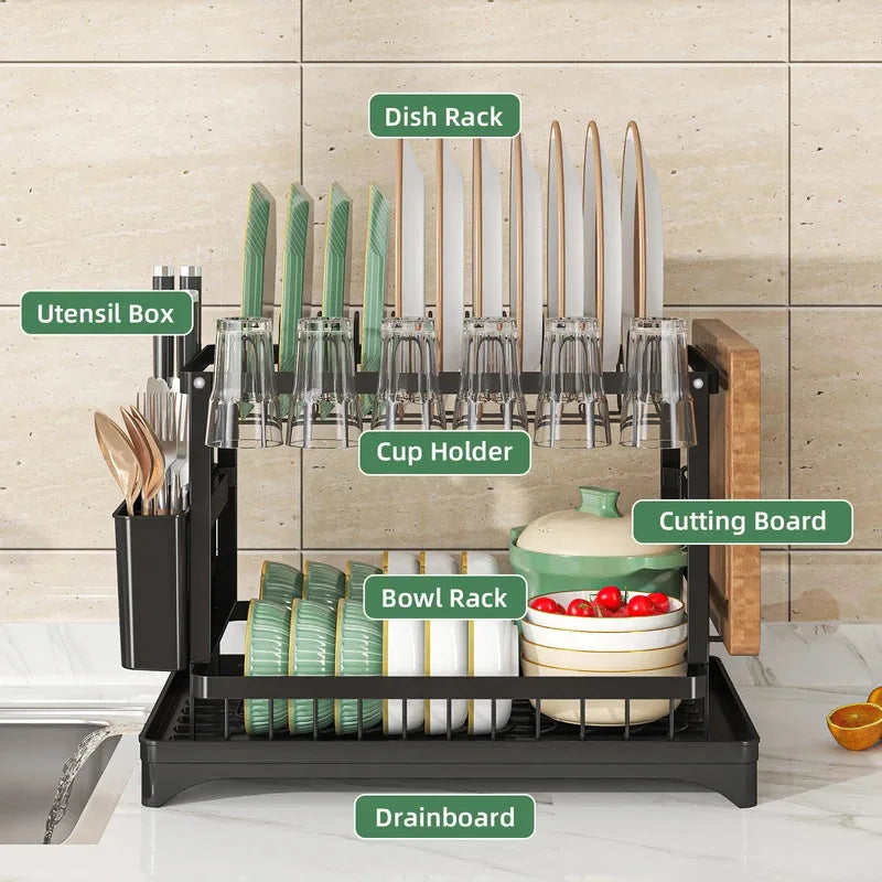 Stainless Steel Dish Rack – 2-Tier Hygienic Drying – Premium Carbon Steel Kitchen Organizer – Space-Saving White