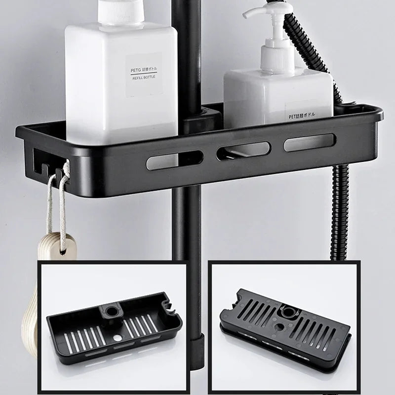 Bathroom Shower Shelf 24cm No-Drill Pole Mounted Drainage Storage Rack Adjustable - Black