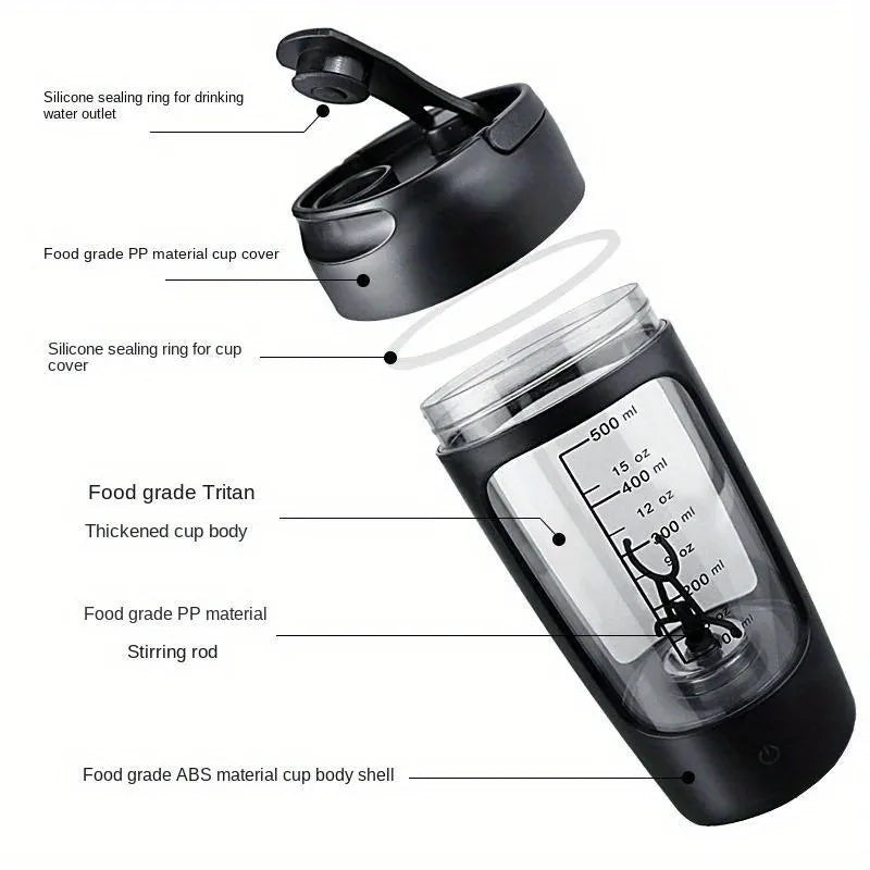 Shaker Bottle 500ml Electric Mixer Cup Rechargeable Protein Blender with USB C Charging - Black
