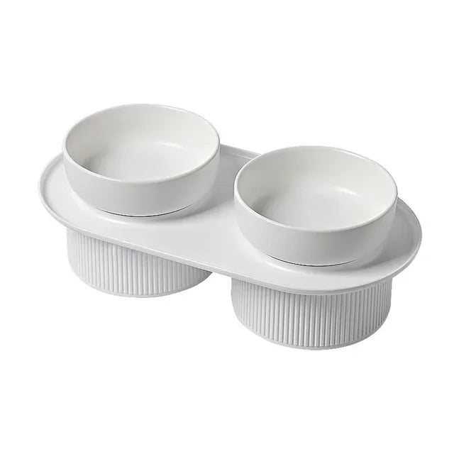 Ceramic Elevated Double Pet Feeding Bowl 13.3cm Raised Food Water Dish with Stand - White