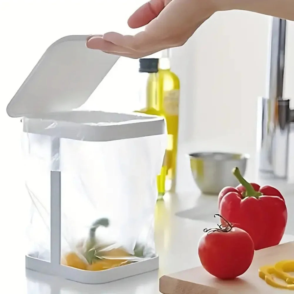 Foldable Mini Trash Bag Holder Portable Desktop Kitchen Food Waste Bin with Lid – White