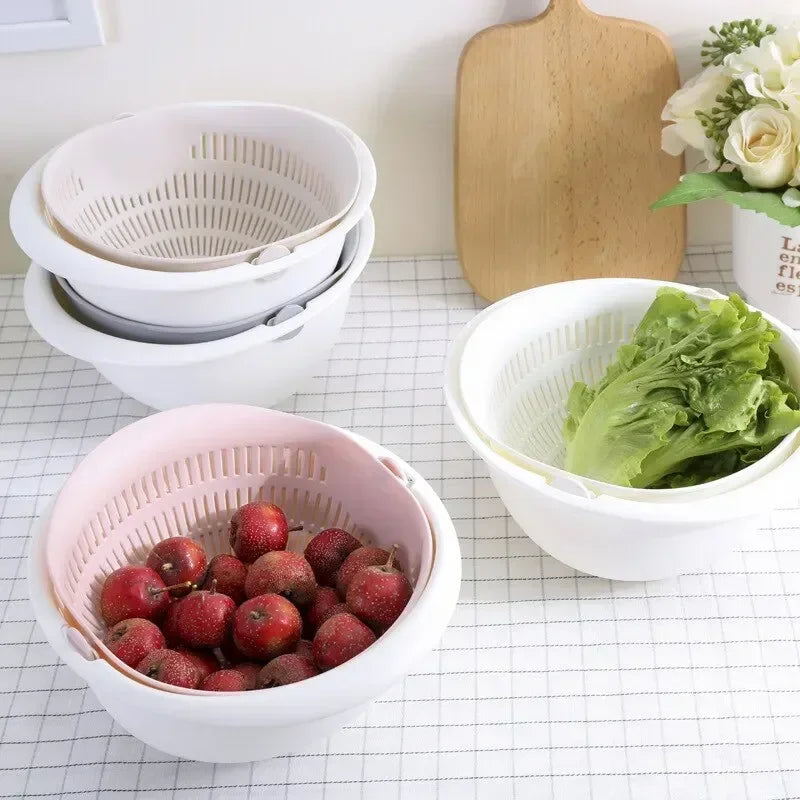Rotating Double Layer Colander Bowl Fruit Vegetable Washing Drain Basket – White