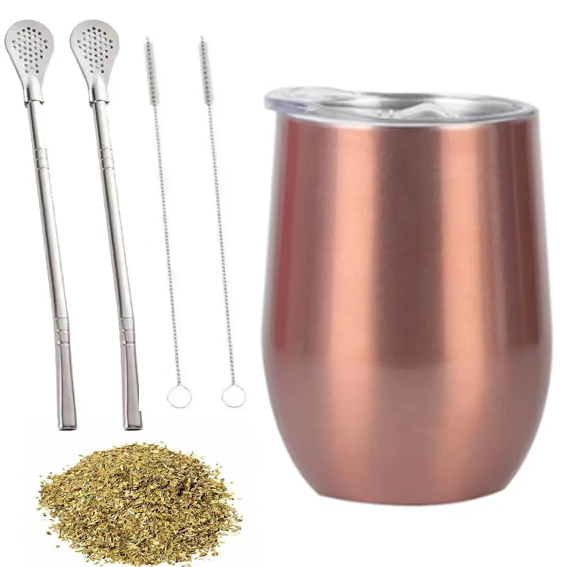 5 Piece Yerba Mate Cup Set 350ml Double Wall Stainless Steel Tea Mug with Straw and Cleaning Brushes – Rose Gold