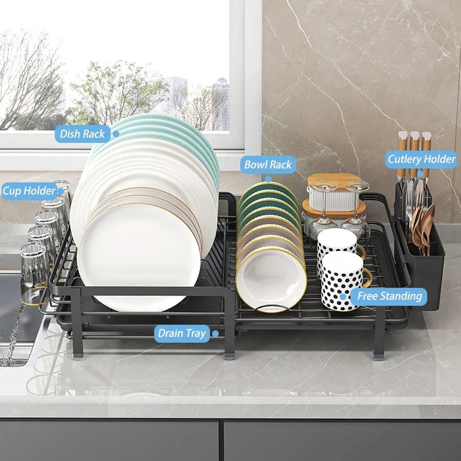 Portable Expandable Dish Drainer Rack with Drainboard Metal Kitchen Counter Organizer - White