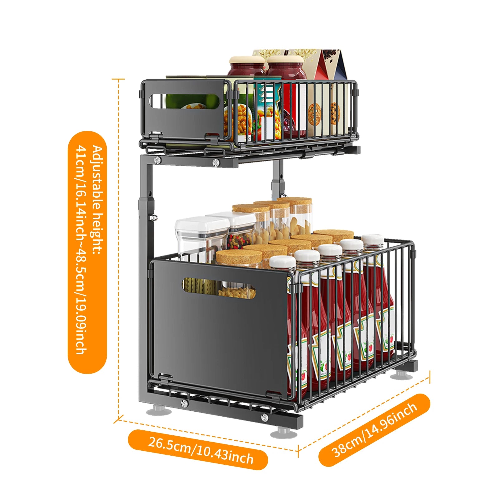 Portable Heavy Duty 2 Tier Under Sink Storage Organizer Adjustable Pull Out Cabinet Rack with Suction Base